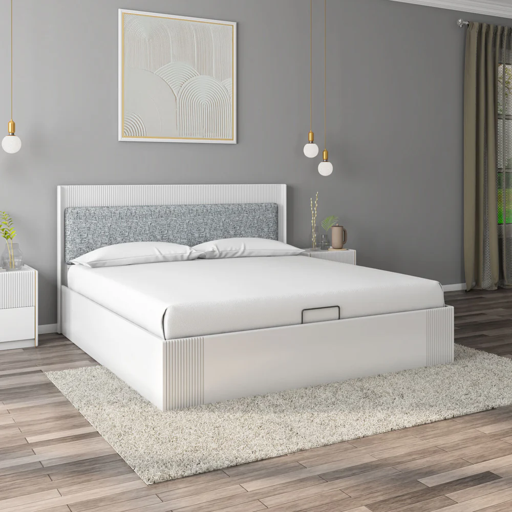 Nix Wooden King Bed with Hydraulic Storage- Beige