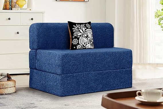 Rosebell 1 Seater Sofa Cum Bed | Jute Fabric Washable Cover | with Cushions Perfect for Guest | Blue | 3' X 6' Feet