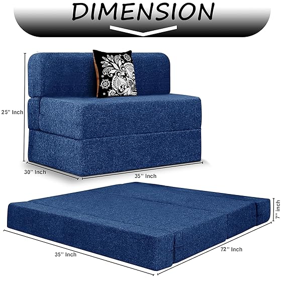 Rosebell 1 Seater Sofa Cum Bed | Jute Fabric Washable Cover | with Cushions Perfect for Guest | Blue | 3' X 6' Feet