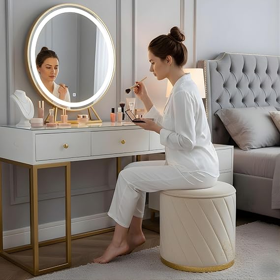 Luxury Round Velvet Ottoman Stool with Gold Base